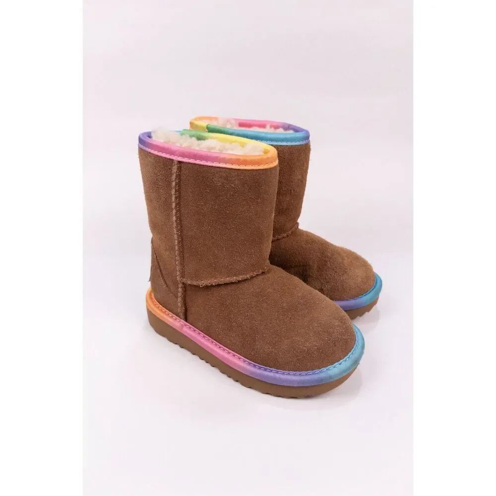 UGG Kids Classic Short II Rainbow Chestnut Suede Boots Toddler Girls Size 8